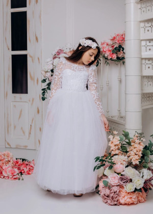 White Lace Tulle Sparkly Flower Girl Dress